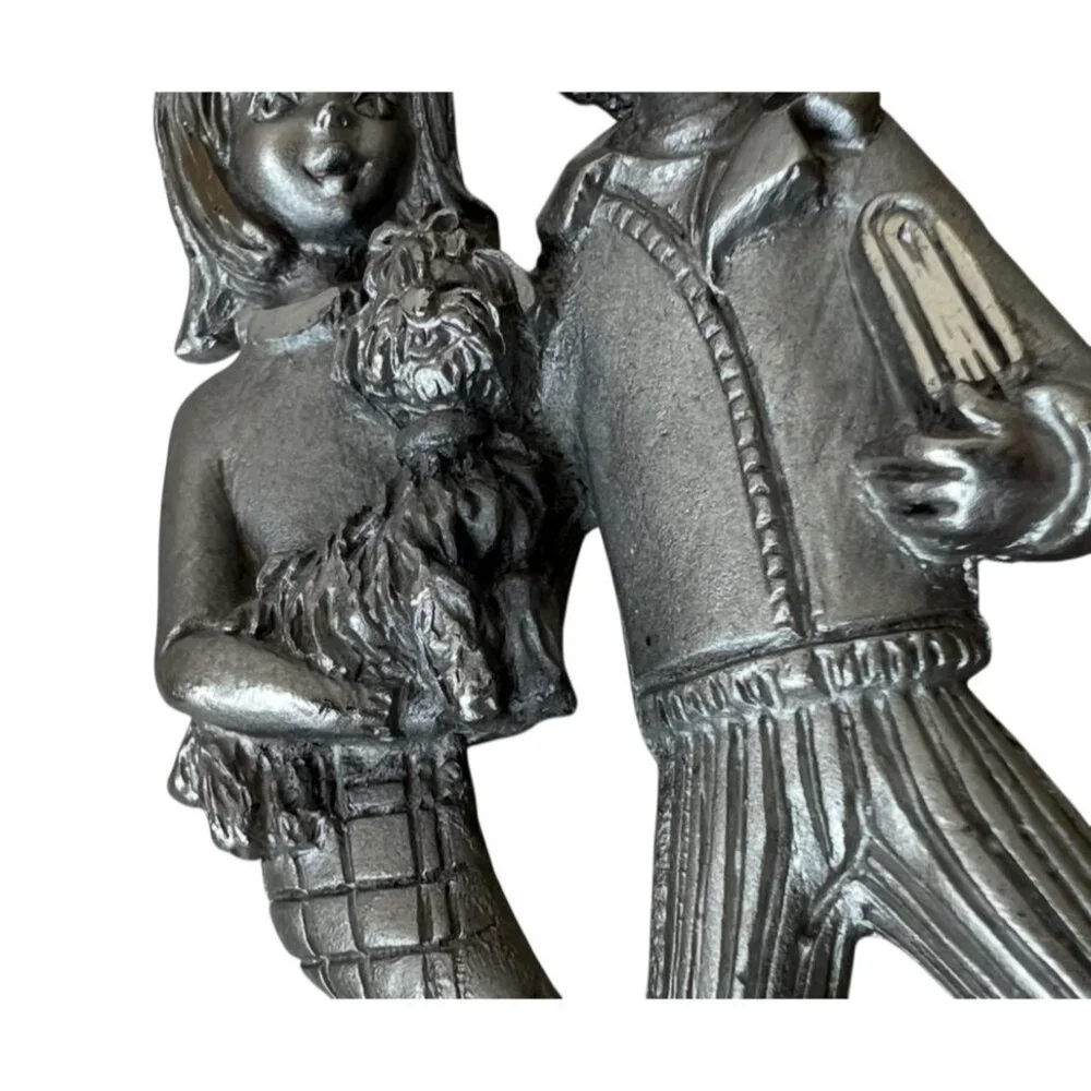 Peltro Cessallato Pewter Sculpture Boy Girl With Dog On Wooden Base 5" T - Picture 6 of 9